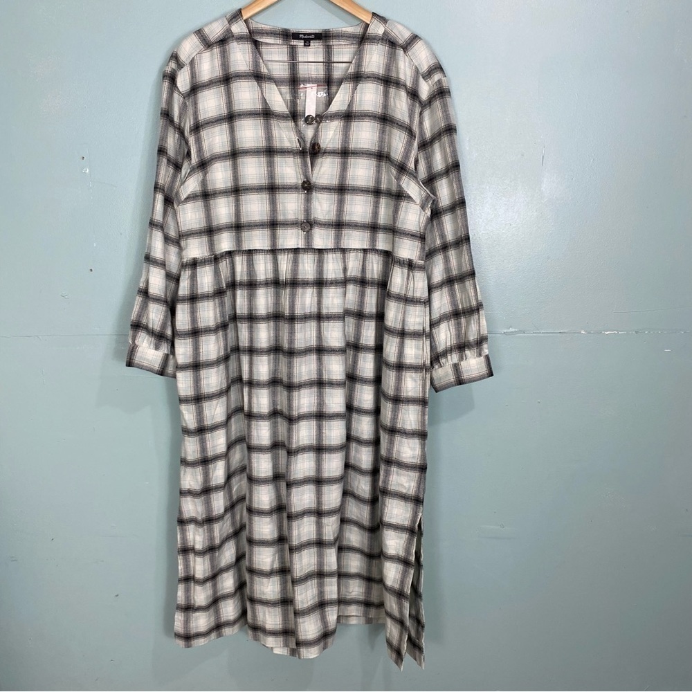Madewell NH065 Flannel Button Front Midi Dress Plaid‎ Sz 14 Blue Black White